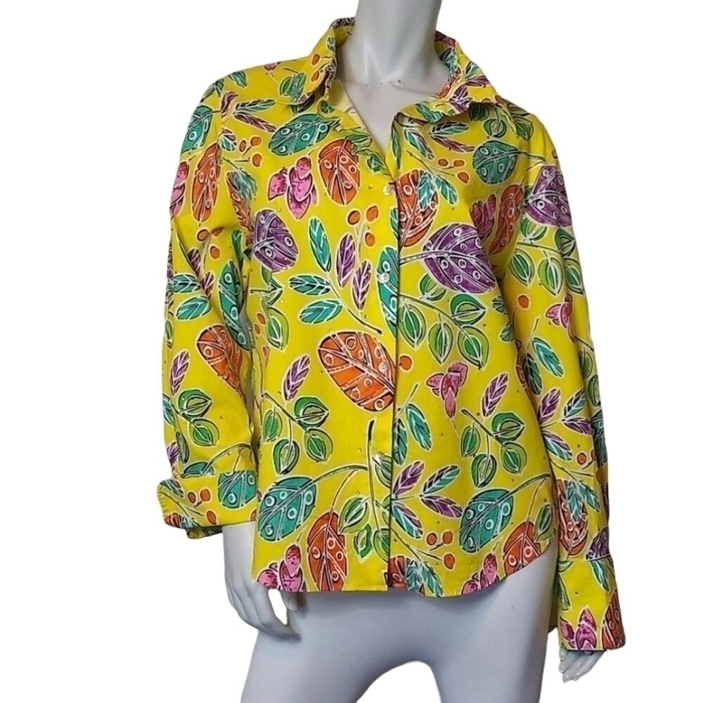 Redd Jeans Top SZ 14 Womens Aloha Yellow Leaf Vintage 90s Button Down Art 2 Wear